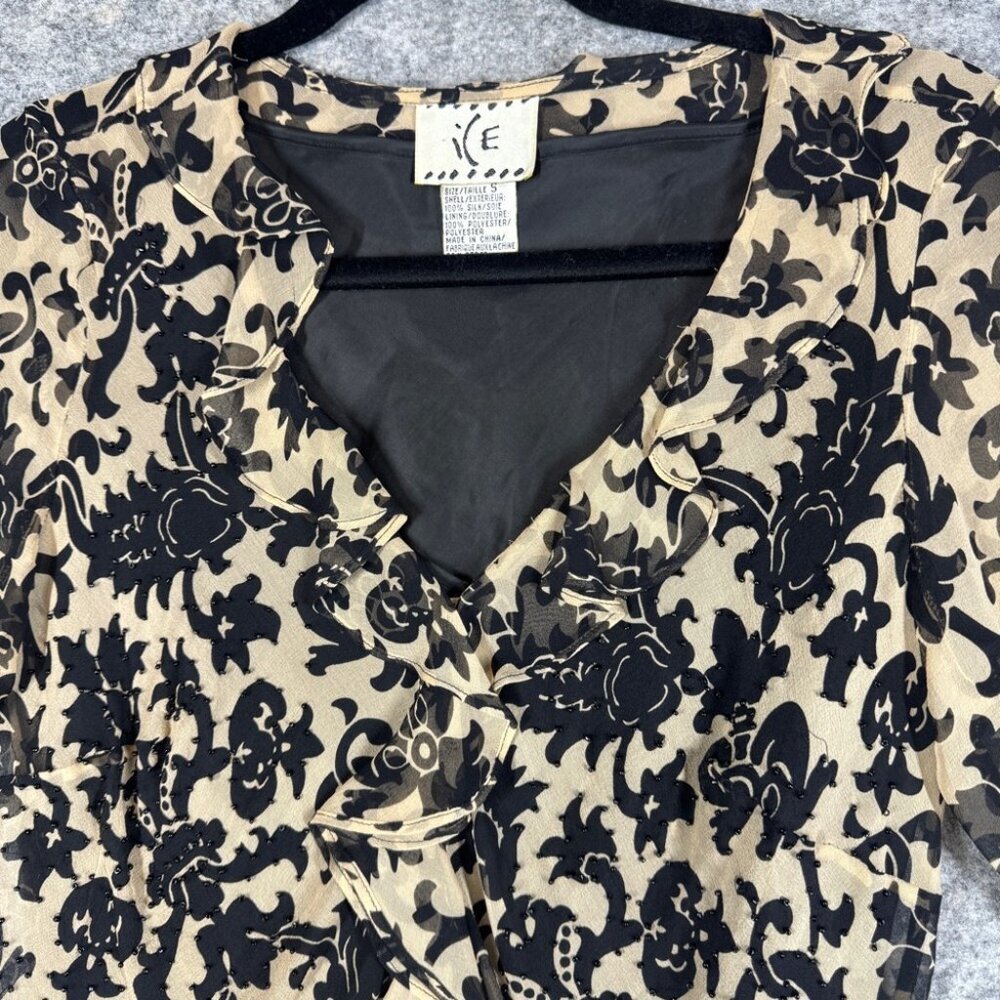 Y2K 2000s Beige Black Silk Burnout Floral Blouse Size S Sheer Indie Ethereal - Picture 3 of 16